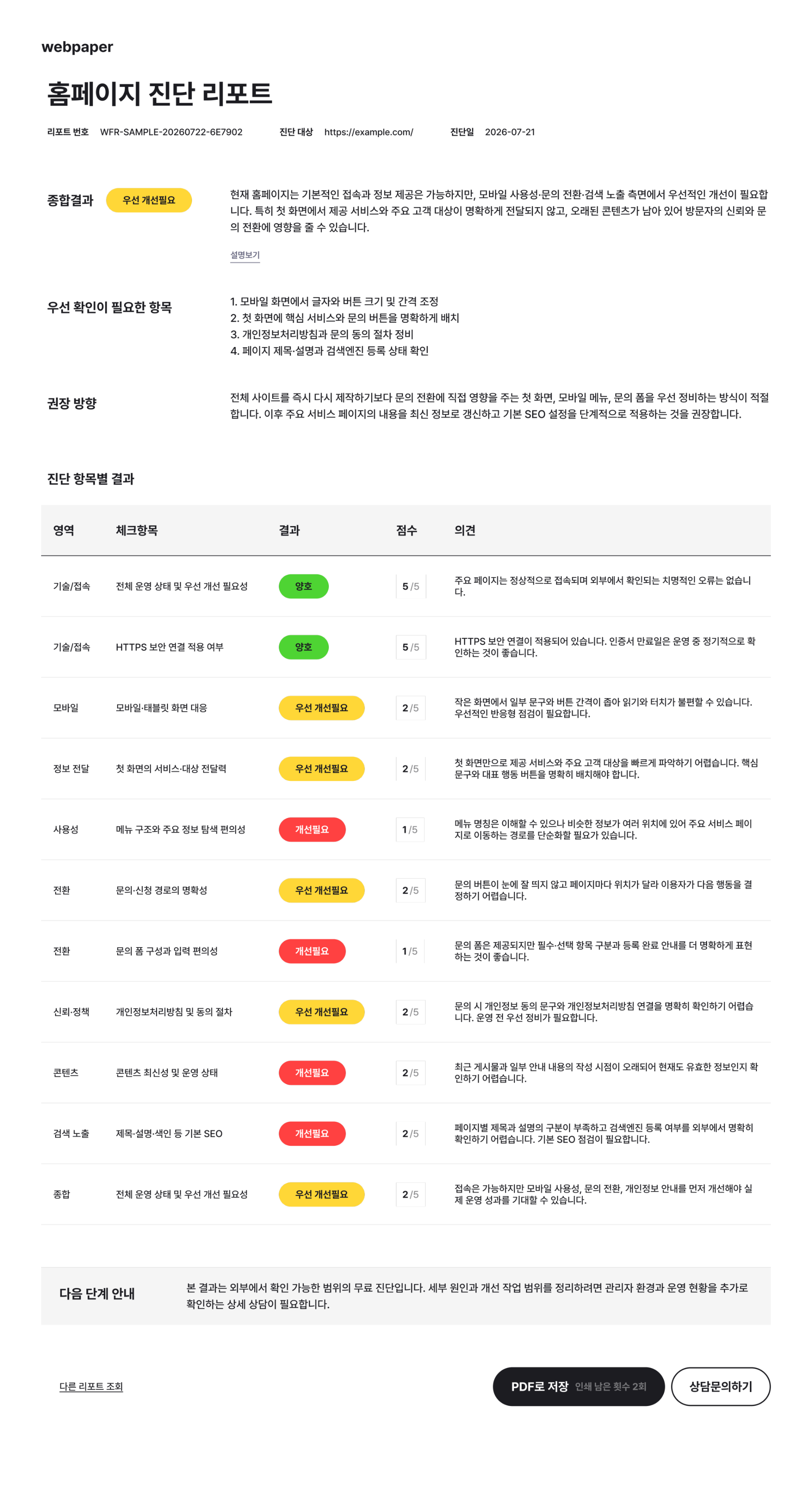 홈페이지 진단 리포트 샘플